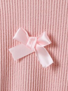 SHEIN 女童秋冬甜美蝴蝶結兩件套，半高領不對稱羅紋上衣搭配毛絨飾邊喇叭褲，柔粉色冬季款 - 粉色 - 查看 5