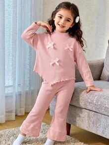 SHEIN 女童秋冬甜美蝴蝶結兩件套，半高領不對稱羅紋上衣搭配毛絨飾邊喇叭褲，柔粉色冬季款 - 粉色 - 查看 2