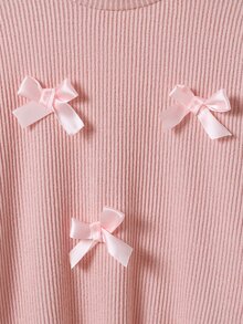 SHEIN 女童秋冬甜美蝴蝶結兩件套，半高領不對稱羅紋上衣搭配毛絨飾邊喇叭褲，柔粉色冬季款 - 粉色 - 查看 7