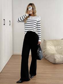 Easowa Autumn/Winter Warm Back To School Collegiate Style French Casual Black And White Striped And Long Sleeve Sweater For Women Office Brunch - Black and White - View 6