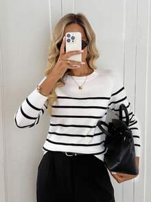 Easowa Autumn/Winter Warm Back To School Collegiate Style French Casual Black And White Striped And Long Sleeve Sweater For Women Office Brunch - Black and White - View 7