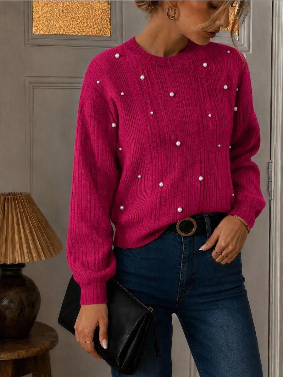 Easowa Camiseta de punto acanalado con detalles de perlas, informal - Rosa Fucsia - Ver 1