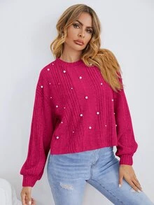 Easowa Camiseta de punto acanalado con detalles de perlas, informal - Rosa Fucsia - Ver 9