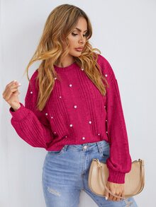 Easowa Camiseta de punto acanalado con detalles de perlas, informal - Rosa Fucsia - Ver 7