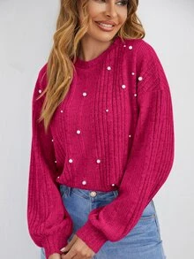 Easowa Camiseta de punto acanalado con detalles de perlas, informal - Rosa Fucsia - Ver 4