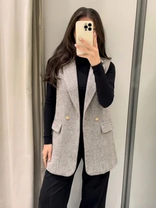 Easowa Simple Women's Tweed Blazer Jacket For Commuting In Fall/Winter - Coffee Brown - View 4