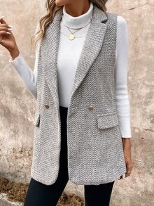 Easowa Simple Women's Tweed Blazer Jacket For Commuting In Fall/Winter - Coffee Brown - View 7