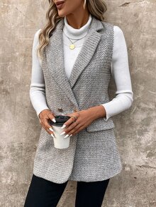 Easowa Simple Women's Tweed Blazer Jacket For Commuting In Fall/Winter - Coffee Brown - View 8