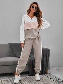 Easowa Color Block Drop Shoulder Drawstring Hem Hoodie & Sweatpants,Casual - Multicolor - View 3