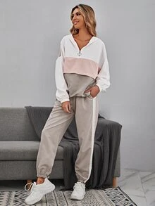 Easowa Color Block Drop Shoulder Drawstring Hem Hoodie & Sweatpants,Casual - Multicolor - View 7
