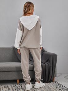 Easowa Color Block Drop Shoulder Drawstring Hem Hoodie & Sweatpants,Casual - Multicolor - View 4