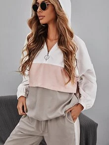 Easowa Color Block Drop Shoulder Drawstring Hem Hoodie & Sweatpants,Casual - Multicolor - View 6