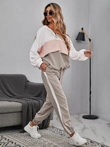 Easowa Color Block Drop Shoulder Drawstring Hem Hoodie & Sweatpants,Casual - Multicolor - View 5
