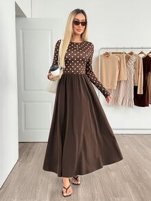 Easowa Women's Brown And White Polka Dot Print Round Neck Long Sleeve Elegant Vintage Dress Brunch Daily Fall Autumn Vintage - Brown - View 7