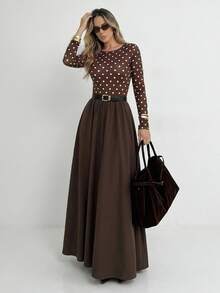 Easowa Women's Brown And White Polka Dot Print Round Neck Long Sleeve Elegant Vintage Dress Brunch Daily Fall Autumn Vintage - Brown - View 9