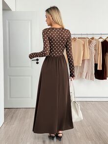 Easowa Women's Brown And White Polka Dot Print Round Neck Long Sleeve Elegant Vintage Dress Brunch Daily Fall Autumn Vintage - Brown - View 8