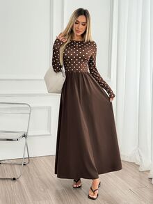 Easowa Women's Brown And White Polka Dot Print Round Neck Long Sleeve Elegant Vintage Dress Brunch Daily Fall Autumn Vintage - Brown - View 6