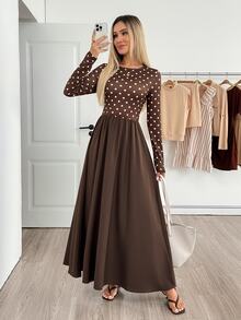 Easowa Women's Brown And White Polka Dot Print Round Neck Long Sleeve Elegant Vintage Dress Brunch Daily Fall Autumn Vintage - Brown - View 5