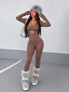 BamGleam Women's Solid Color Ruched Cutout Design Long Sleeve Athletic Jumpsuit - Black - View 3