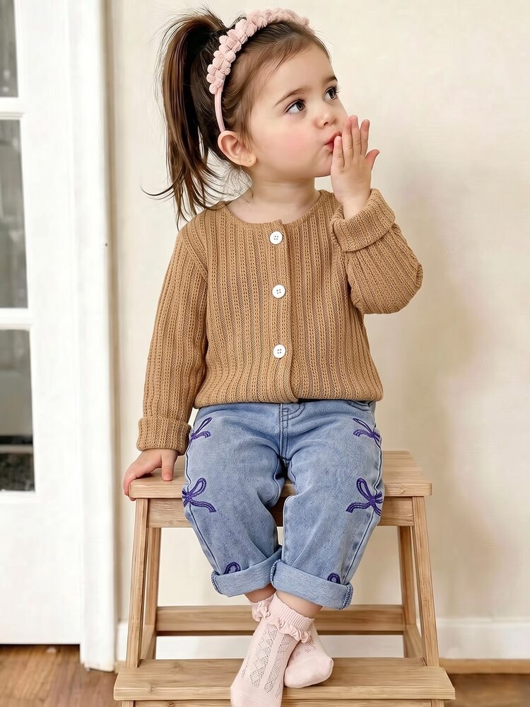 SHEIN 2pcs Toddler Girl Jacket Jeans Cute Tan Blue Ribbed Knit Bow Embroidery Long Sleeve Round Neck Regular Birthday Party Fall Elastic - Khaki - View 7