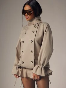 Denimoi Autumn Fashion Retro Commuter Streetwear New Stand Collar Drawstring Super Loose Grey Stand Collar Double-Breasted Ruffle Long Sleeve Asymmetrical Ruffle Hem Casual 2-In-1 Design Jacket - Brown - View 1