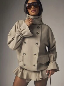 Denimoi Autumn Fashion Retro Commuter Streetwear New Stand Collar Drawstring Super Loose Grey Stand Collar Double-Breasted Ruffle Long Sleeve Asymmetrical Ruffle Hem Casual 2-In-1 Design Jacket - Brown - View 7