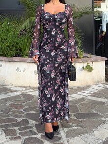 Ronhire 女士优雅印花心形领喇叭袖连衣裙，春季 - 黑色 - 查看 3