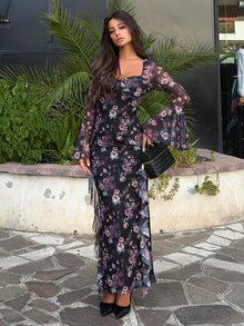 Ronhire 女士优雅印花心形领喇叭袖连衣裙，春季 - 黑色 - 查看 1