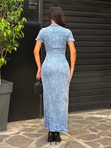 Ronhire Ladies' Sexy Stretchy Denim Dress, Short Sleeve V-Neck Bodycon Dress, Blue - Light Wash - View 3