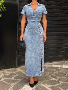 Ronhire Ladies' Sexy Stretchy Denim Dress, Short Sleeve V-Neck Bodycon Dress, Blue - Light Wash - View 4