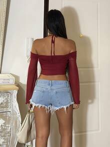 Ronhire Halter Neck Lettuce Trim Flounce Sleeve Spring Crop Top - Burgundy - View 2