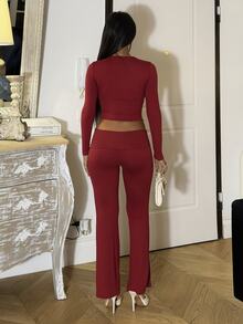 Ronhire Women's Solid Color Round Neck Long Sleeve Cropped T-Shirt And Flare Pants Casual 2-Piece Set - Burgundy - View 2