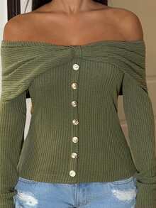 Ronhire Women Olive Green,Fall Winter,Elegant,Party Knitted Elastic Fitted Ribbed Collar Bow Button Decor Long Sleeve One-Shoulder T-Shirt,French Casual Top - Green - View 4