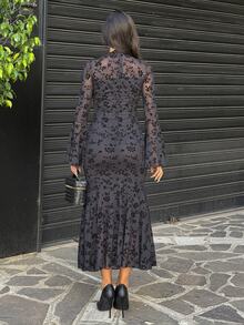 Ronhire 女士优雅蕾丝褶裥鱼尾连衣裙，春夏吊带裙 - 黑色 - 查看 2