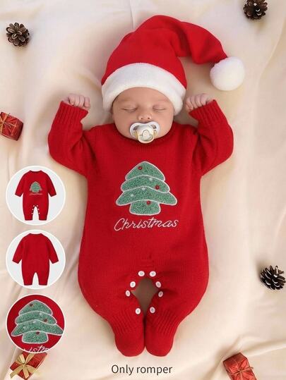 SHEIN Newborn Baby Sweater Onesies Unisex Soft Comfortable Knitted Romper With Footies Cartoon Christmas Tree Embroidery Exquisite Cute Cartoon Jumpsuit Red Suitable For Holidays Christmas New Year Winter Fashion Versatile Suitable For Autumn/Winter Daily Casual Party
