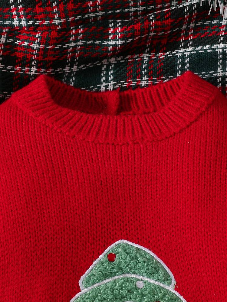 SHEIN Newborn Baby Sweater Onesies Unisex Soft Comfortable Knitted Romper With Footies Cartoon Christmas Tree Embroidery Exquisite Cute Cartoon Jumpsuit Red Suitable For Holidays Christmas New Year Winter Fashion Versatile Suitable For Autumn/Winter Daily Casual Party - Red - View 9