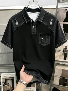 Daypath Men's Summer Casual Denim Effect Patchwork Polo Shirt - Black - View 5