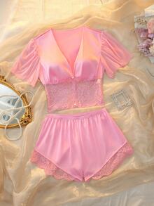 DelicateAllure 2pcs Pink Satin Kawaii Cute Coquette Babydoll Lolita Waist-Cinching Slimming Lace Patchwork Ruffle Elegant Pure Women's Pajama Set - Pink - View 6