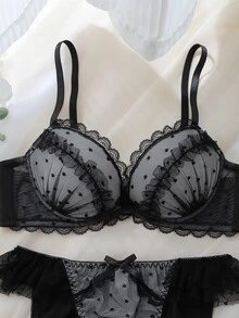 DelicateAllure 2pcs Set Lingerie Wanita Hitam dengan Kawat Penyangga, Cup Cetak Nyaman, Model Balconette, Dukungan Tinggi, Push-Up, Angkat, Ruffle, Renda, Romantis, Murni - Hitam - View 5