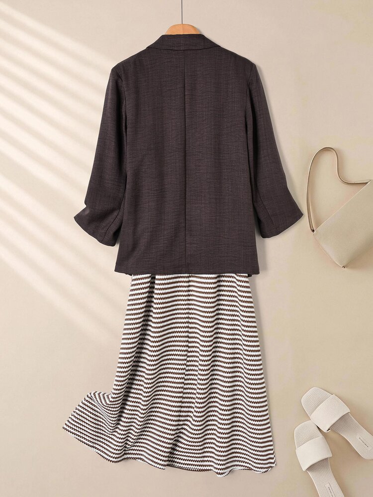 Rusticease Setup Autumn Winter Women Chic Women's Lapel Neck Single-Breasted Shirt And Dark Brown Stripe Striped Cami Knitted Dress Casual Elegant Office - Brown - View 2