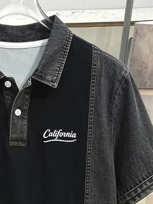 Daypath Men's Patchwork Denim Effect Print Short Sleeve Casual Polo Shirt - Black - View 4