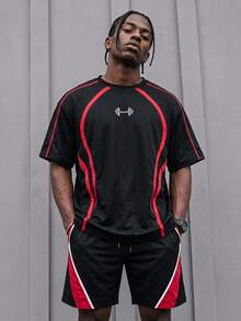 GymRaken Men's Barbell Pattern Short Sleeve Top And Shorts Casual Daily Sports Set, Gym - Multicolor - View 1