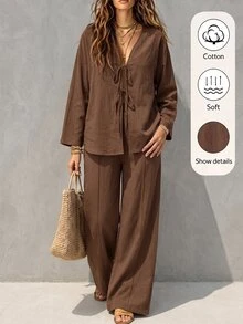 GlowEve CURVE Plus Size Women's Casual Brown Pure Cotton Lace-Up Top + Loose Pants 2pcs Set, Autumn Fall - Brown - View 3