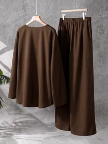 GlowEve CURVE Plus Size Women's Casual Brown Pure Cotton Lace-Up Top + Loose Pants 2pcs Set, Autumn Fall - Brown - View 2