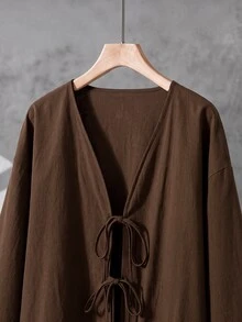 GlowEve CURVE Plus Size Women's Casual Brown Pure Cotton Lace-Up Top + Loose Pants 2pcs Set, Autumn Fall - Brown - View 5