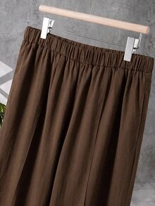 GlowEve CURVE Plus Size Women's Casual Brown Pure Cotton Lace-Up Top + Loose Pants 2pcs Set, Autumn Fall - Brown - View 7