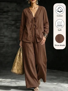 GlowEve CURVE Plus Size Women's Casual Brown Pure Cotton Lace-Up Top + Loose Pants 2pcs Set, Autumn Fall - Brown - View 4