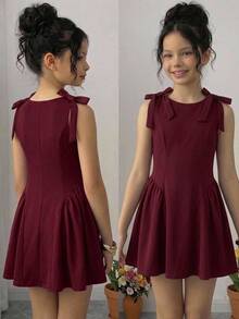 SHEIN Pitira Kids Tween Girls Dresses Burgundy Solid Color Bow Decor Elegant Princess Dress, Ceremony, Back To School Season - Burgundy - View 3