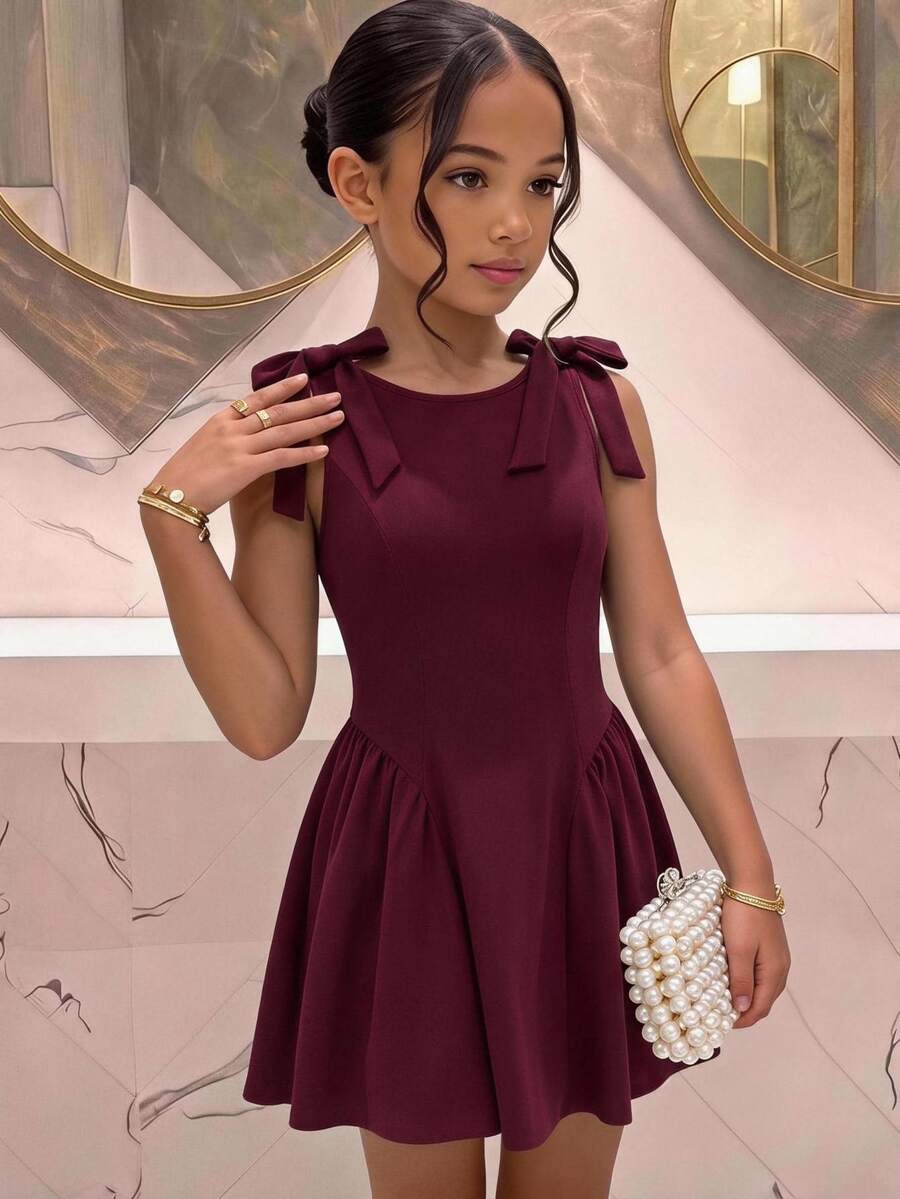 SHEIN Pitira Kids Tween Girls Dresses Burgundy Solid Color Bow Decor Elegant Princess Dress, Ceremony, Back To School Season - Burgundy - View 1