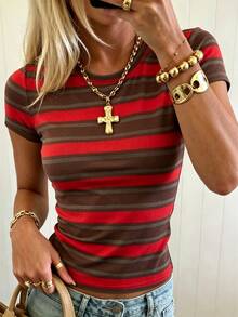 SuriyaCove Women's Fitted T-Shirt, Round Neck Short Sleeve, Summer Autumn Mature Style, Fashion Outdoor Single Piece, Red Brown Striped Pattern, Essential For Mature Women - Multicolor - View 3